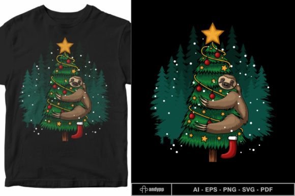 Charming Sloth Hugging Tree Merry Christmas Graphics